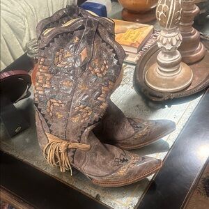 Embroidered Brown Heeled Boots